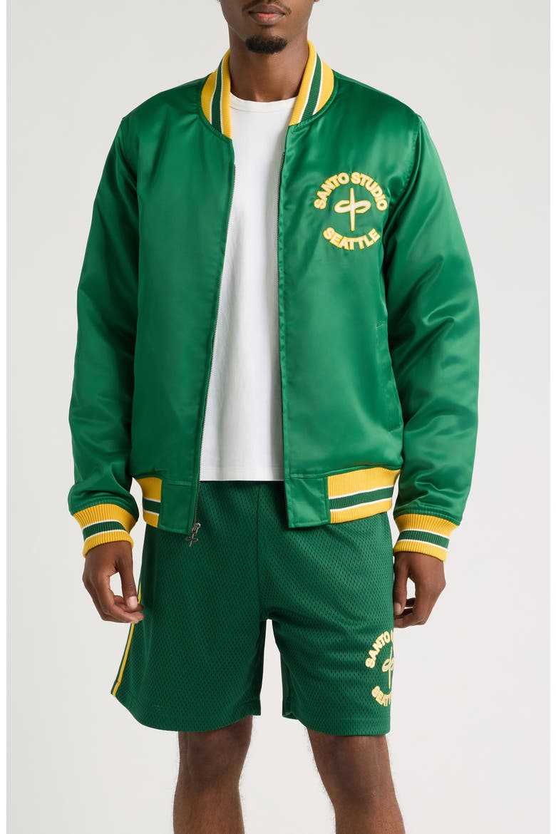 Seattle Satin Bomber Jacket, Main, color, GREEN