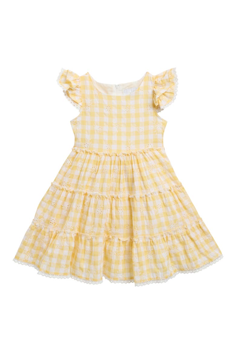 Kids' Gingham Eyelet Flutter Sleeve Dress, Main, color, YELLOW