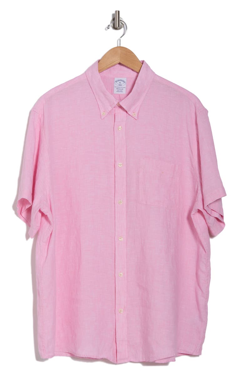 Brooks Brothers Regular Fit Solid Short Sleeve Linen Button-Down Shirt, Alternate, color, Pale Pink