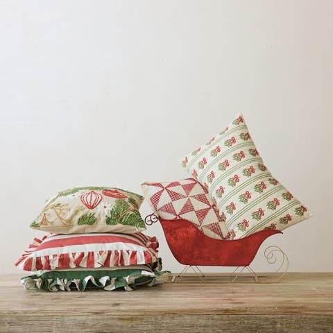 Embroidered Cotton Holiday Pillow with Whimsical Motifs