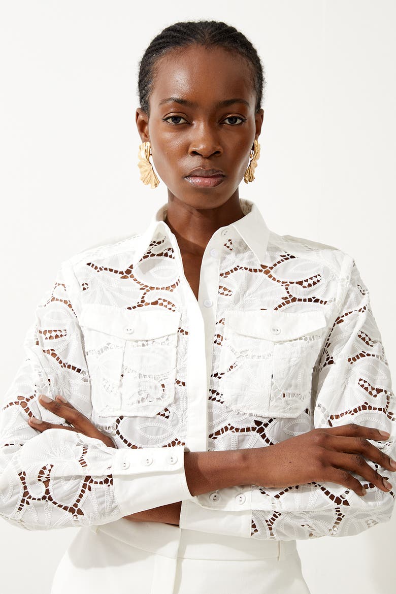 Cotton Cutwork Woven Shirt, Alternate, color, White