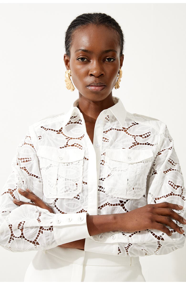 Karen Millen Cotton Cutwork Woven Shirt, Alternate, color, White