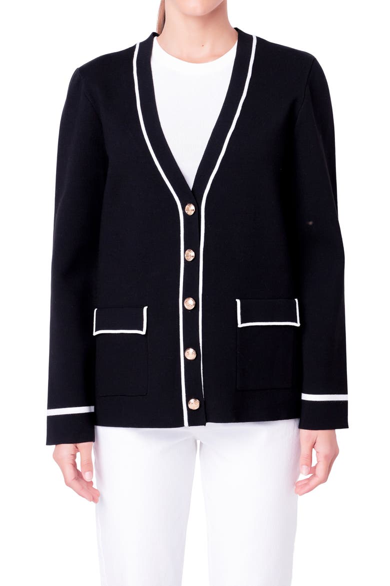 Contrast V-Neck Cardigan, Main, color, BLACK/ WHITE