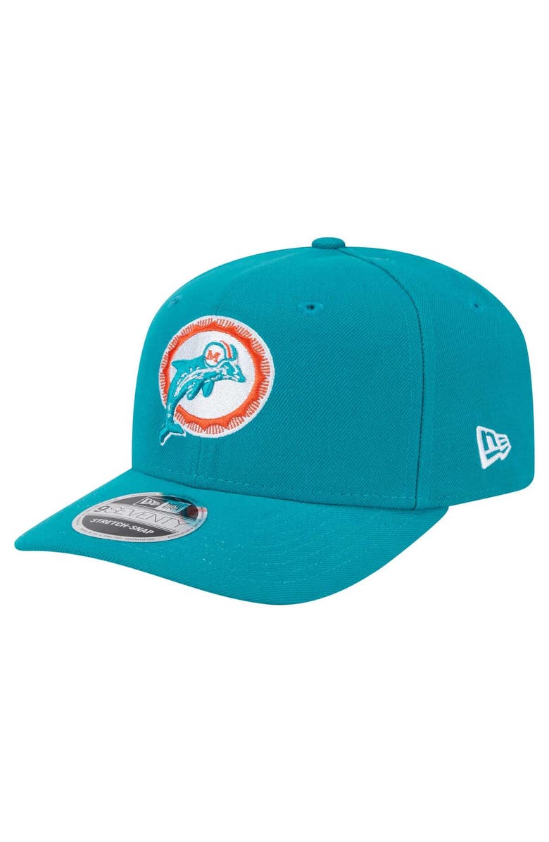 New Era Men's New Era Aqua Miami Dolphins Throwback Logo 9SEVENTY Stretch-Snap Hat, Main, color,