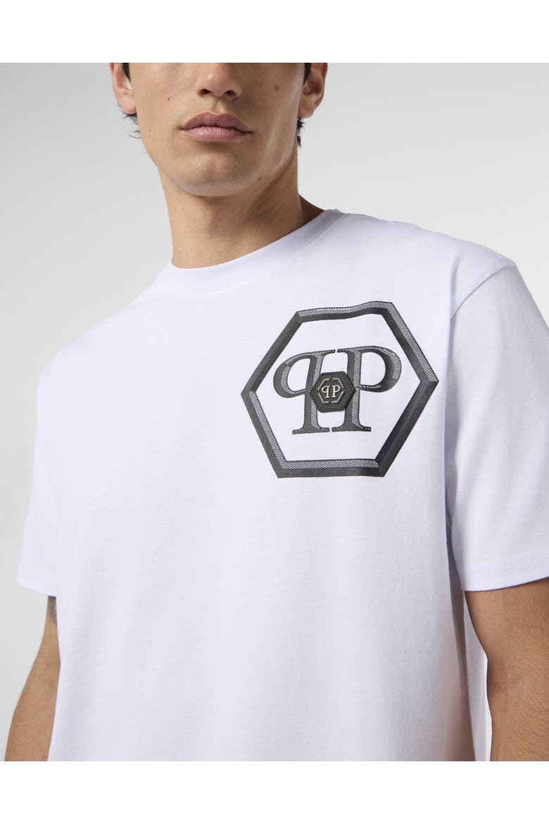 Round Neck T-Shirt Lines Hexagon Men, Alternate, color, white