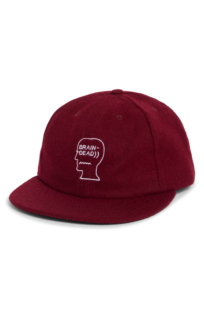 Brain Dead Embroidered Logohead Wool Blend Flannel Adjustable Baseball Cap, Main, color, Burgundy