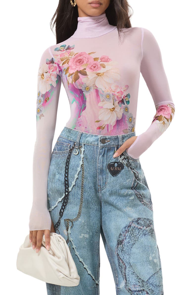 AFRM Zadie Turtleneck Printed Mesh Top, Main, color, Marble Floral