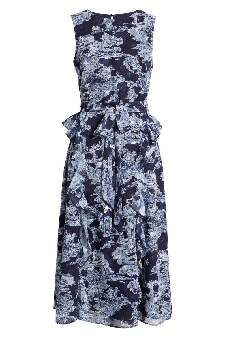 Landscape Print Sleeveless Midi Dress, Alternate, color, NAVY IVORY