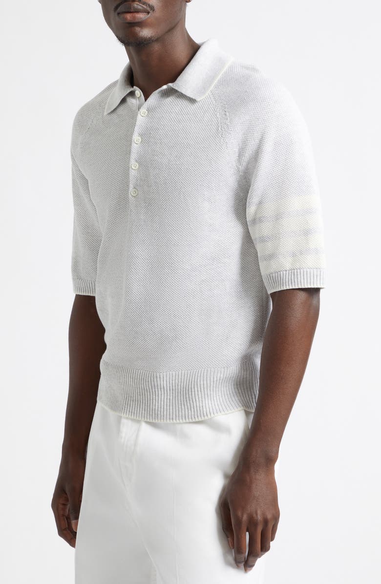 Thom Browne Linen & Cotton 4-Bar Relaxed Fit Polo, Alternate, color, Pale Grey