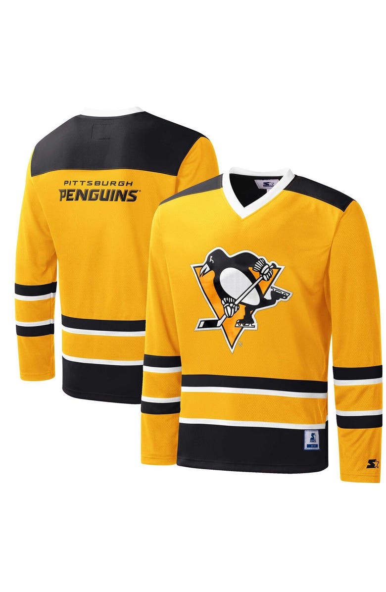 STARTER Men's Starter Gold/Black Pittsburgh Penguins Cross Check Jersey V-Neck Long Sleeve T-Shirt, Main, color, 