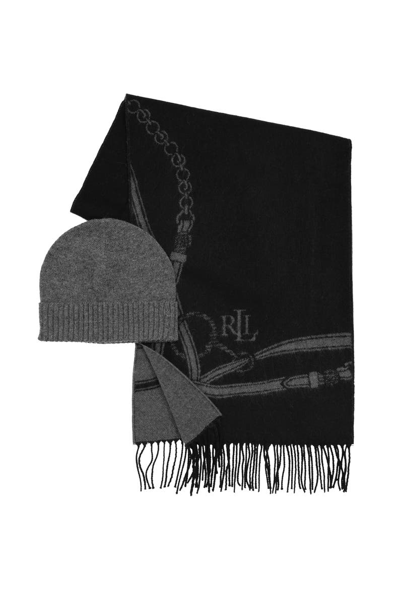 Equestrian Woven Scarf And Knit Hat Gift Set, Alternate, color, Black