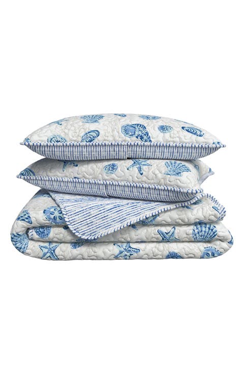 Blue Coral Reversible Microfiber Quilt Set