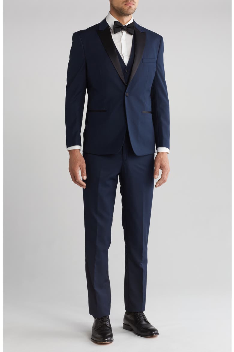 Slim Fit Satin Peak Lapel 3-Piece Tuxedo, Main, color, NAVY