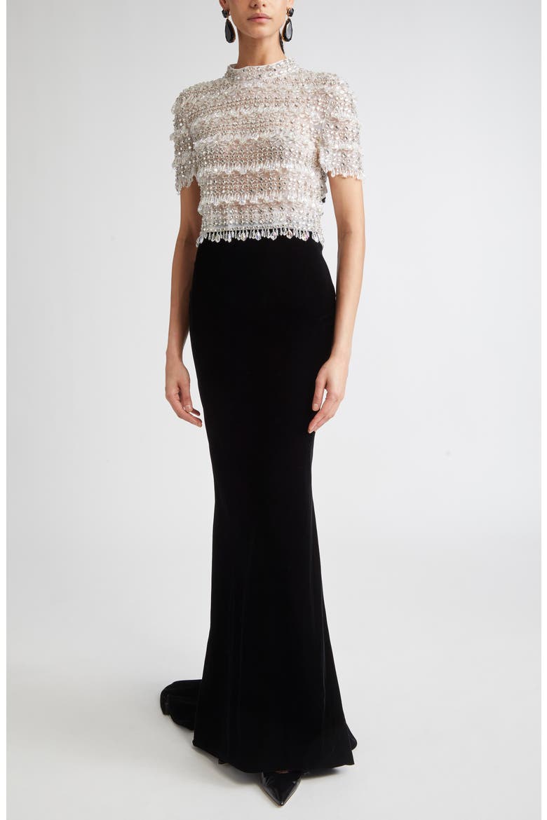 Velvet Trumpet Skirt with Train, Alternate, color, BLACK