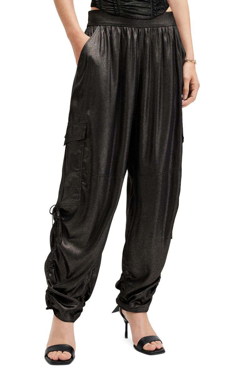 AllSaints Kaye Relaxed Fit Satin Cargo Pants, Main, color, Metallic Black