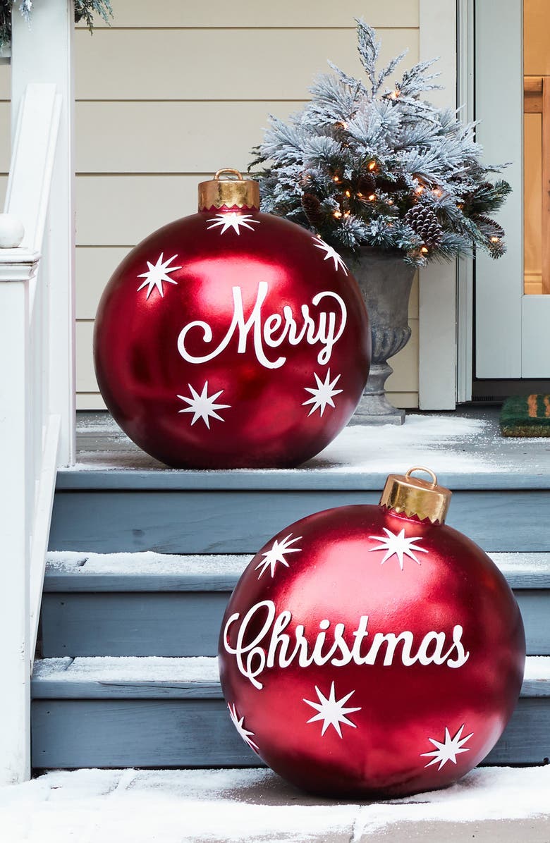 Balsam Hill Set of 2 Merry Christmas Outdoor Ornaments, Alternate, color, 