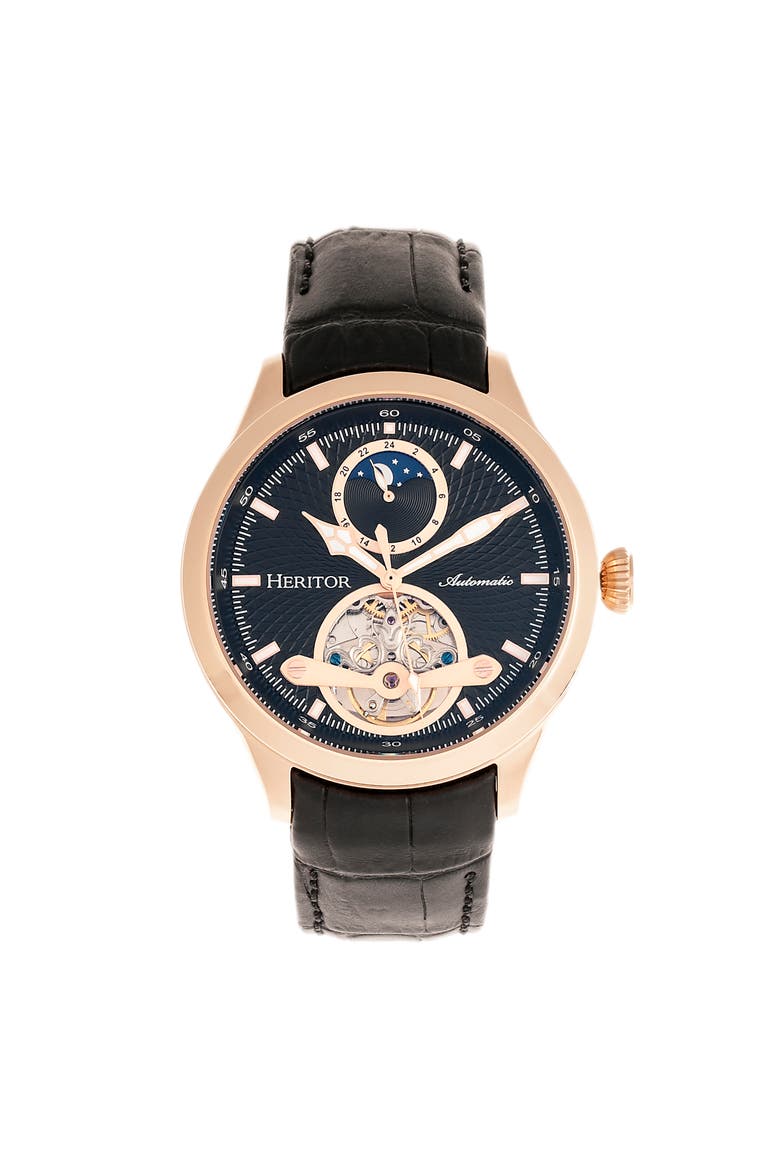 Gregory Semi-Skeleton Leather-Band Watch, Main, color, Rose Gold/Black