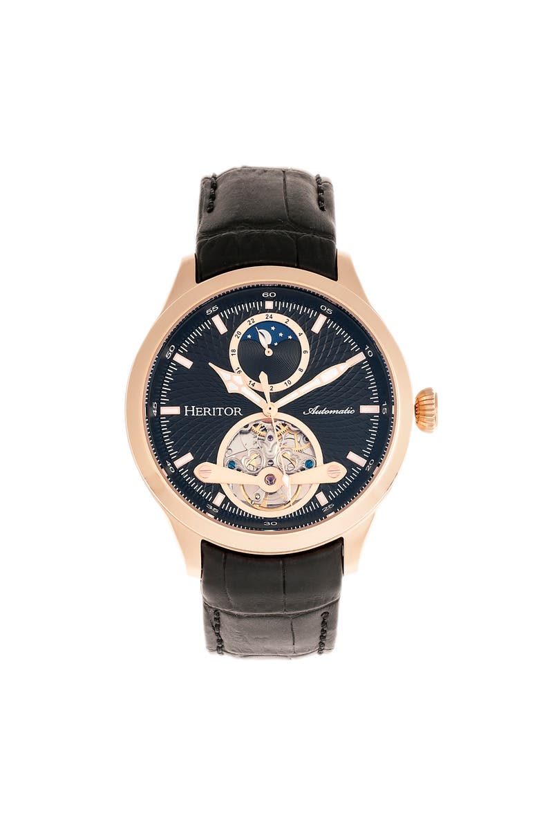 Heritor Automatic Gregory Semi-Skeleton Leather-Band Watch, Main, color, Rose Gold/Black