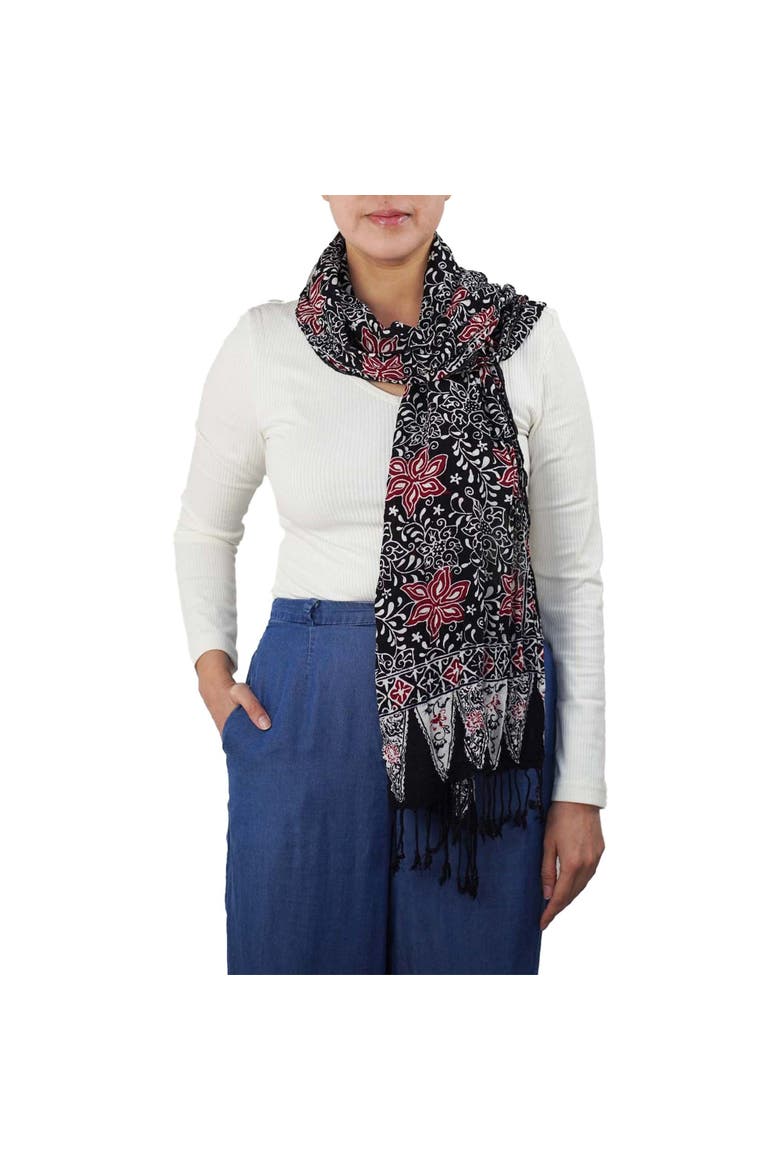 Hand Dyed Batik Scarf, Main, color, Black Red Floral Star