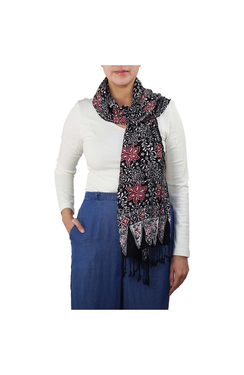 Kasih Co-op Hand Dyed Batik Scarf, Main, color, Black Red Floral Star