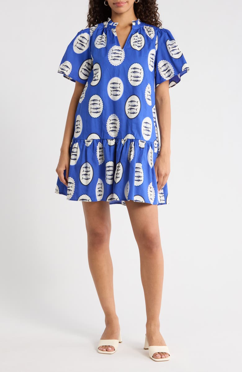 SUGARLIPS Sardine Sea Azari Cotton Shift Minidress, Main, color, Navy-Crm-Blk