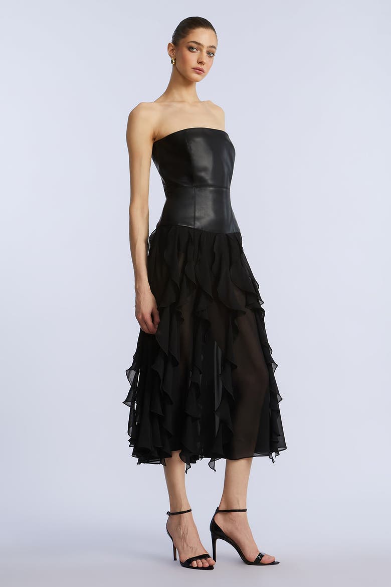 Leather Chiffon Dress, Alternate, color, Black