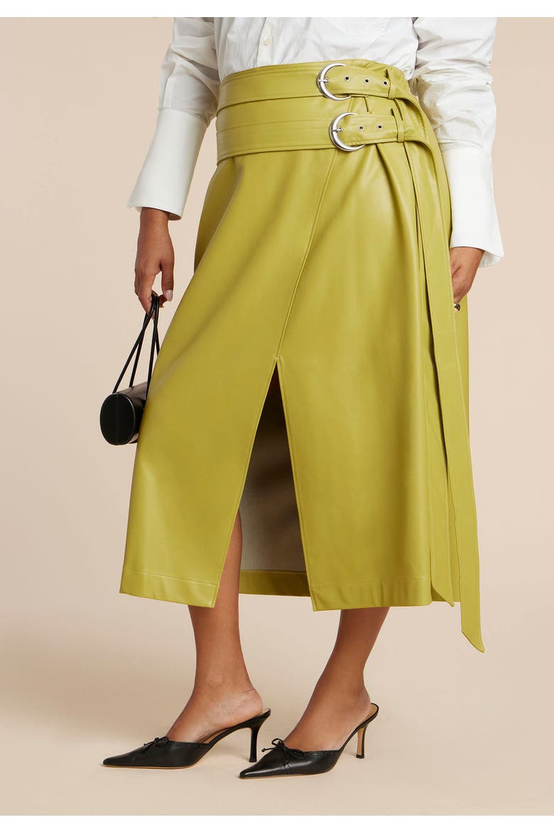 Double Belt Wrap Faux Leather Skirt, Alternate, color, MOSS