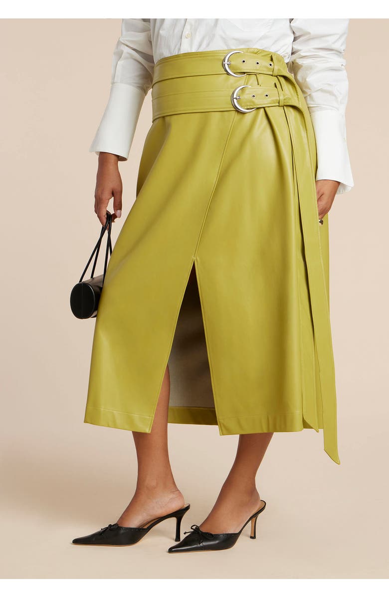 ELOQUII Double Belt Wrap Faux Leather Skirt, Alternate, color, Moss