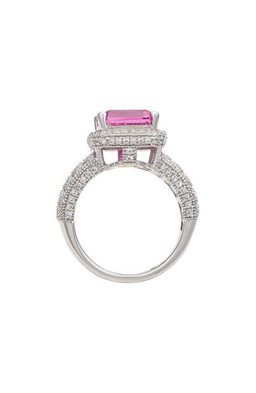Suzy Levian Diamonds Sterling Silver Emerald Cut Pink & Pavé White Sapphire Ring In Pink