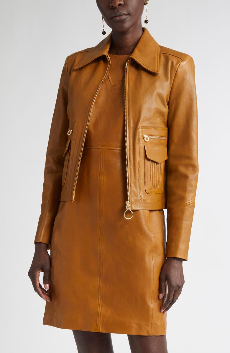 ST. JOHN Kristen Washed Leather Crop Jacket, Main, color, Cinnamon