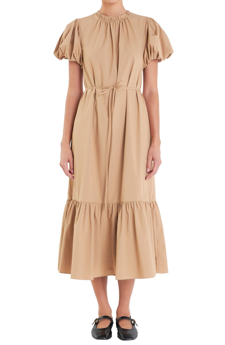 English Factory Puff Sleeve Tie Belt Midi Dress, Alternate, color, Camel