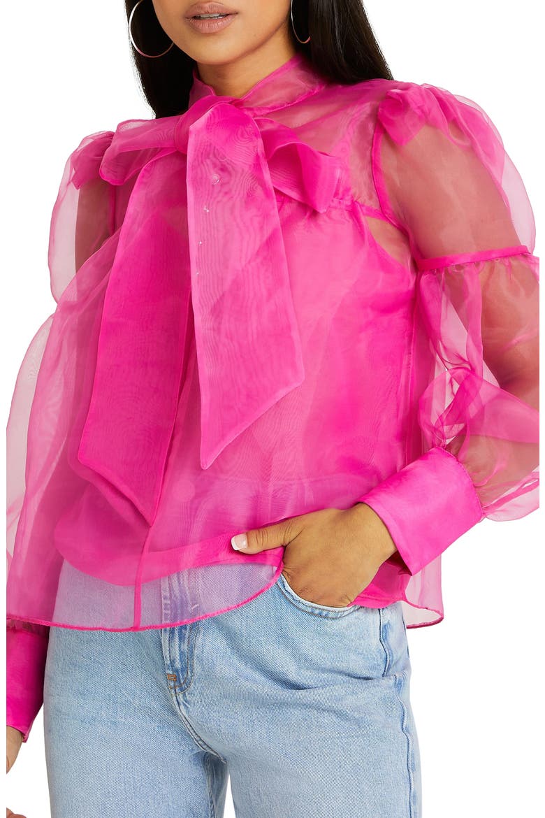 Sheer Organza Bow Neck Blouse, Main, color, BRIGHT PINK