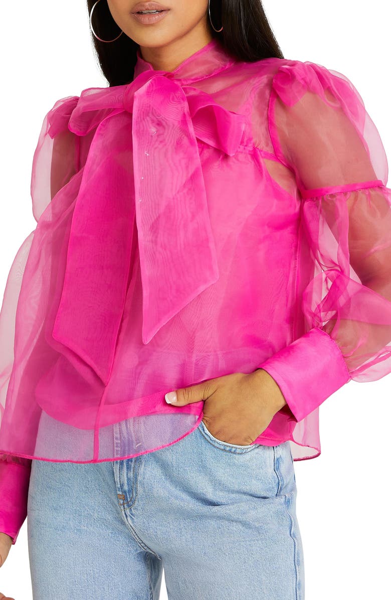 River Island Sheer Organza Bow Neck Blouse, Main, color, 