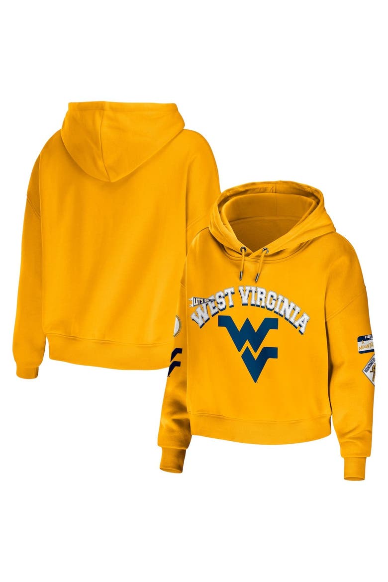 Women's WEAR by Erin Andrews Gold West Virginia Mountaineers Mixed Media Cropped Pullover Hoodie, Main, color, Gold
