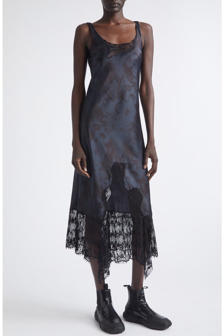 Stone Flower Drip Anemone Satin & Lace Tank Dress, Alternate, color, BLACK WATERCOLOR FLORAL