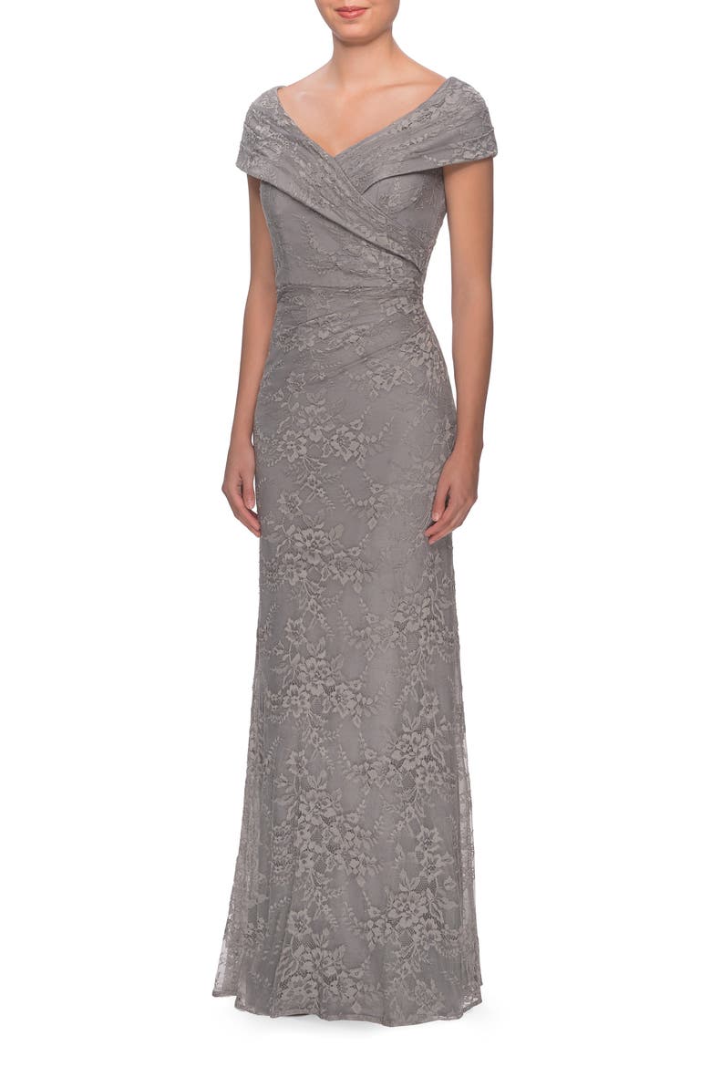 Portrait Neck Lace Gown, Main, color, PLATINUM