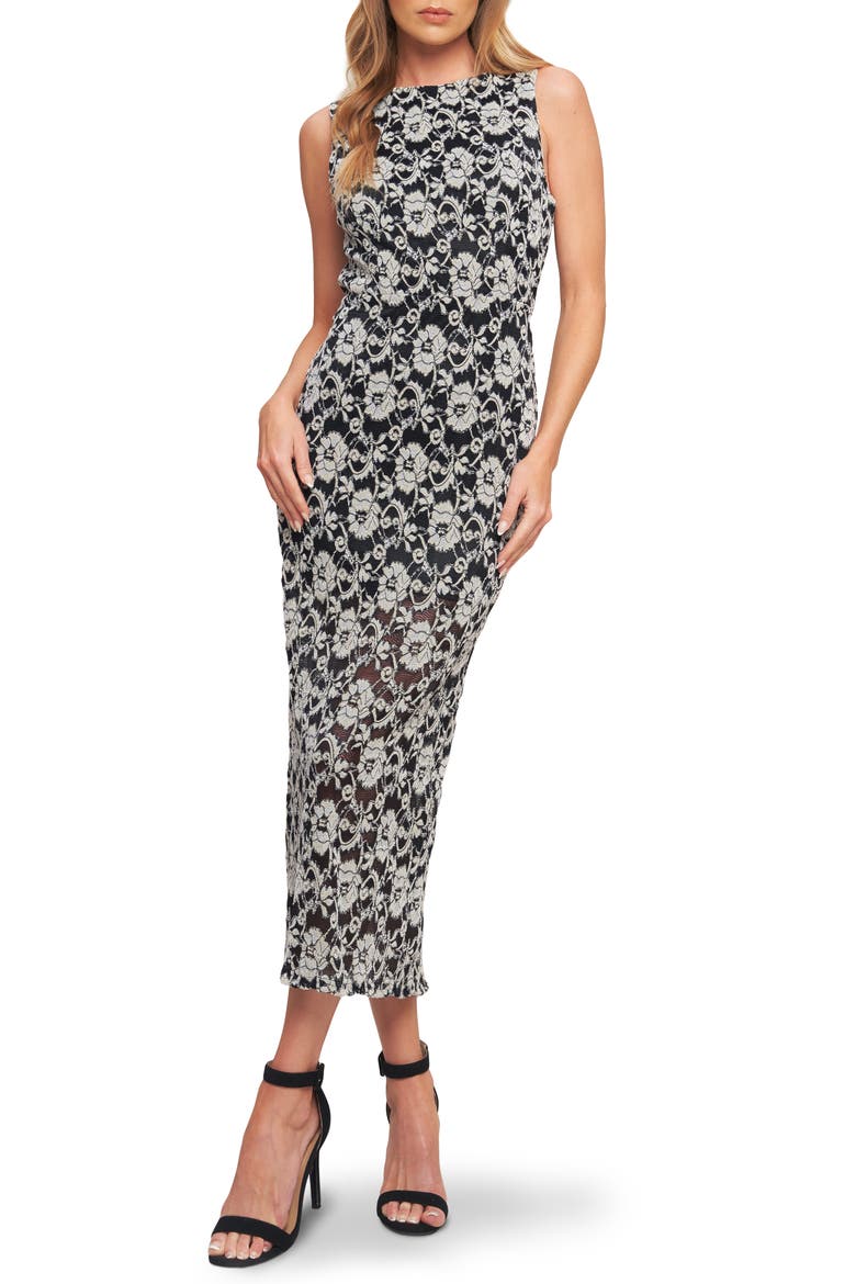 Floral Sleeveless Stretch Lace Midi Dress, Main, color, BLACK/ TAUPE