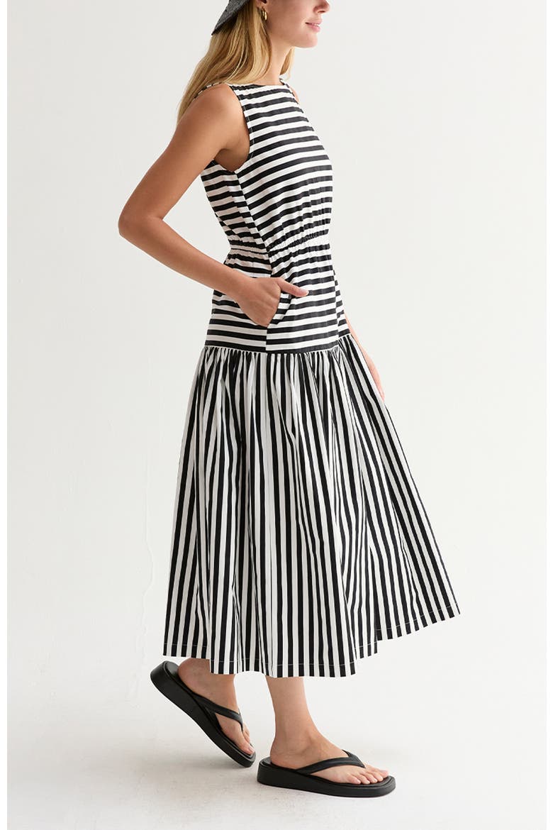 Cotton Blend Gathered Stripe Midi Dress, Alternate, color, White/Black