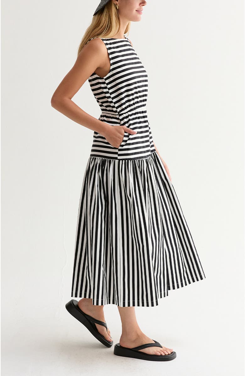 CRESCENT Cotton Blend Gathered Stripe Midi Dress, Alternate, color, White/Black