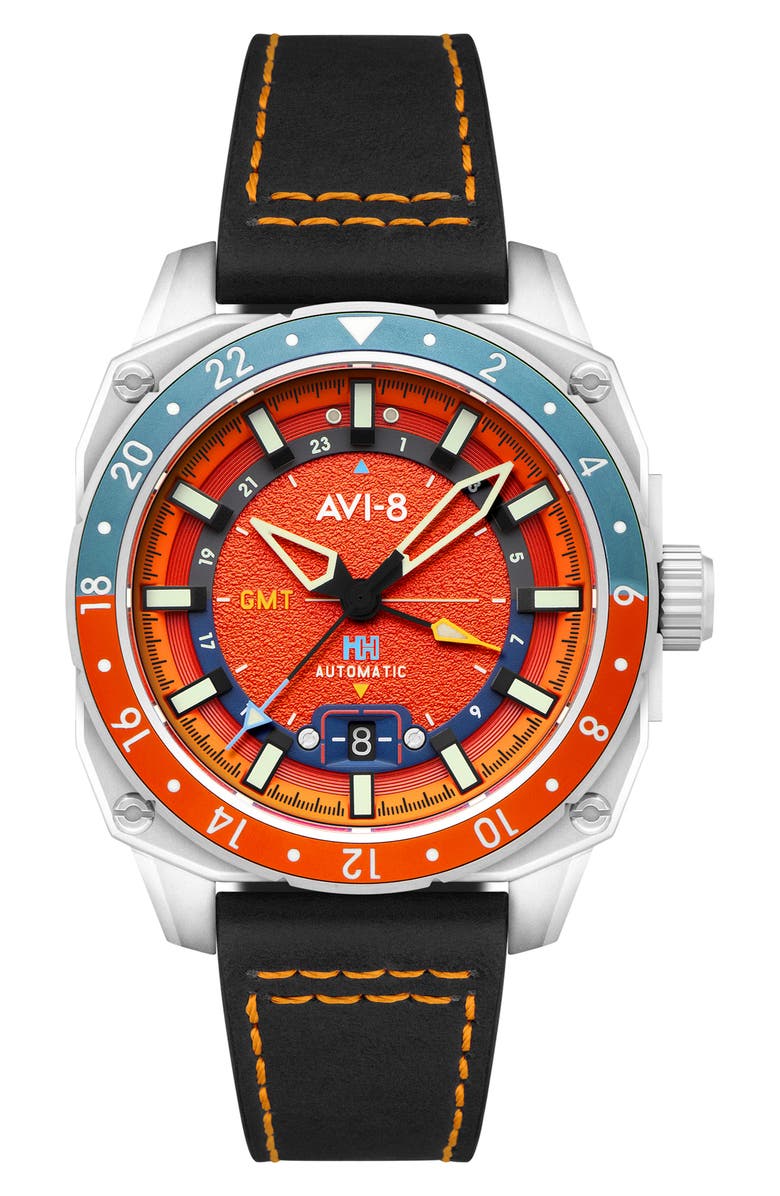 AVI-8 Hawker Hunter Atlas GMT Movement Leather Strap Watch, 44mm, Main, color, 