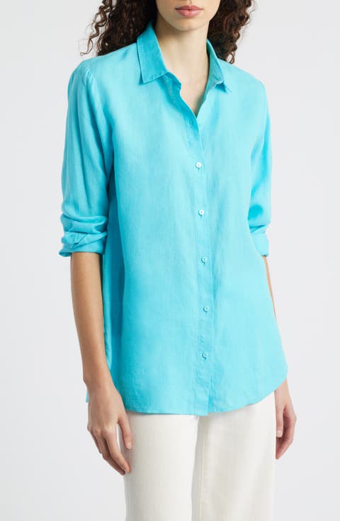 Classic Collar Organic Linen Long Button-Up Shirt (Regular & Petite)