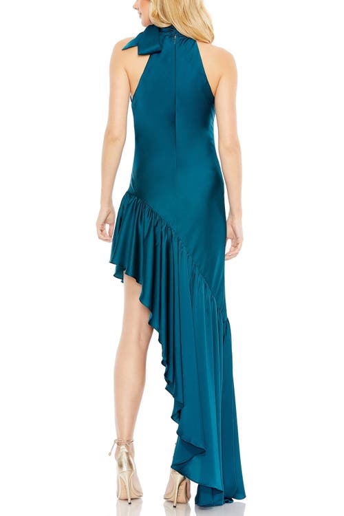 Mac Duggal Halter Neck Ruffle Hem Asymmetric Satin Gown In Teal