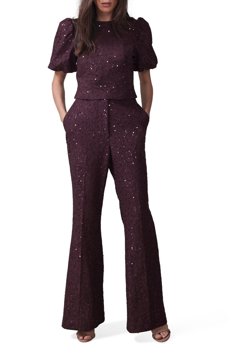 MINT VELVET Sequin Lace Flared Trousers, Alternate, color, Burgundy