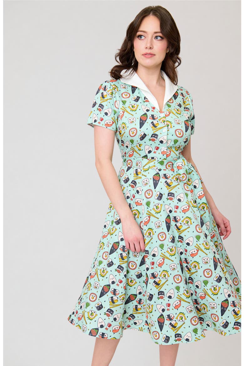 1950s Collared Shirt Dress, Alternate, color, Green Sushi Print