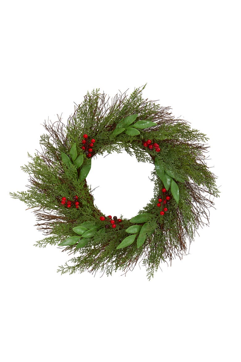 20-in Cedar and Ruscus with Berries Artificial Wreath, Main, color, Green/Red