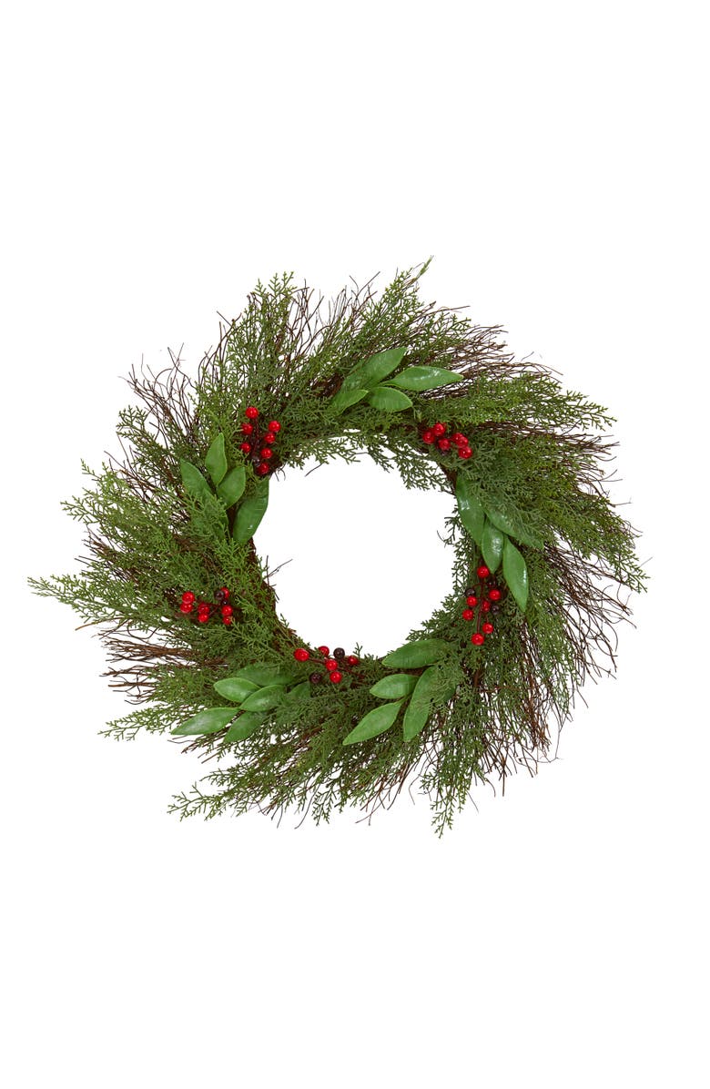 NEARLY NATURAL 20-in Cedar and Ruscus with Berries Artificial Wreath, Main, color, Green/Red
