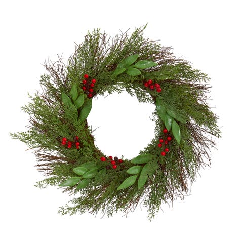 20-in Cedar and Ruscus with Berries Artificial Wreath
