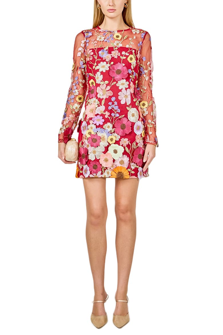 Floral Embroidered Long Sleeve Minidress, Main, color, MERLOT