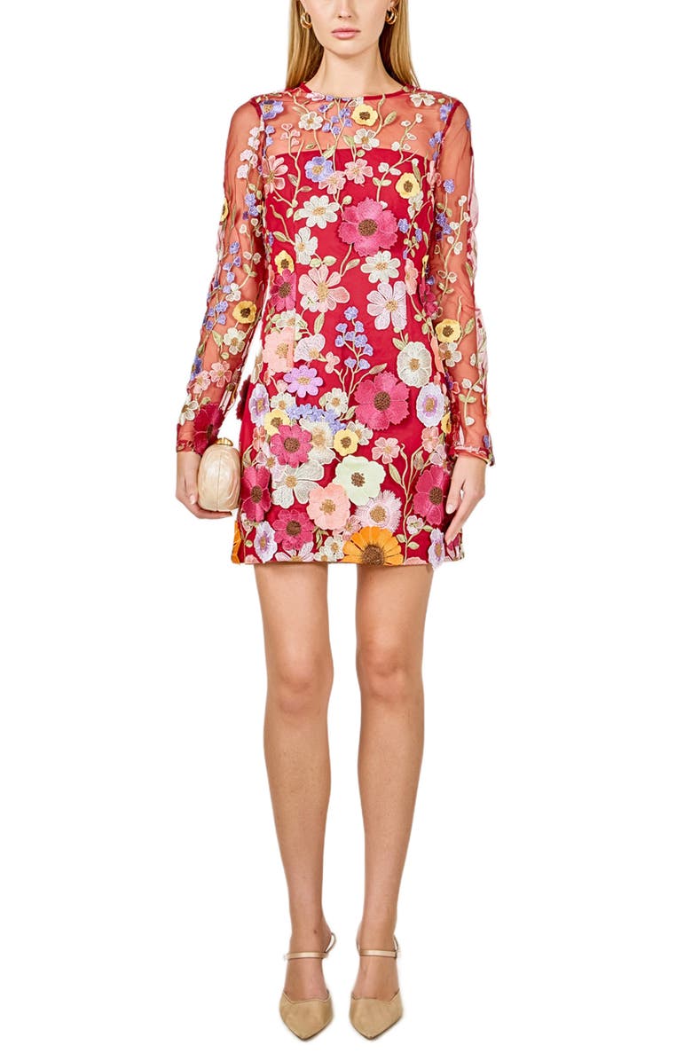 Endless Rose Floral Embroidered Long Sleeve Minidress, Main, color, Merlot