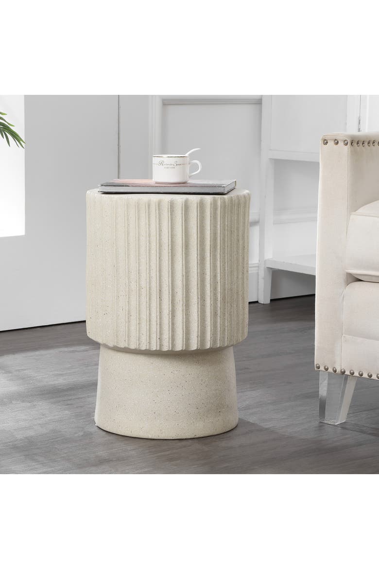 Louisa Modern Fluted Outdoor Accent Table, All-Weather Terrazzo Pedestal Garden Stool & Round Patio Side Table, Alternate, color, Cream Terrazzo
